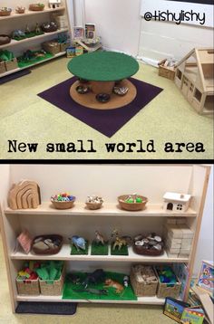 there are two shelves with toys in the same room and one has a green table top