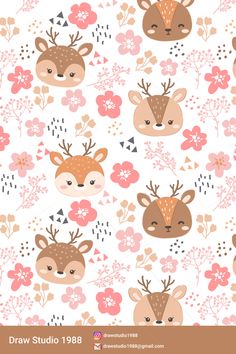 an animal themed wallpaper with deers and flowers in pink, brown and white