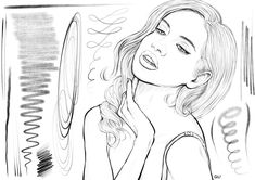 a black and white drawing of a woman with her hand on her face looking at the mirror