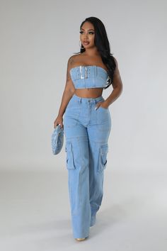 DETAILS: Style GT26800 Two piece set Tube top Denim Zipper closure High waisted jeans Non-stretch Denim Button zipper closure 75% cotton 30% polyester 5% spandex Hand wash cold Inseam is 36 inches Model is wearing a small MODEL STATS Height: 5.3"Bust:33" / Waist:28" / Hips:42" Please see size chart for information on the fit Denim Two Piece Outfit Black Women, Two Piece Outfit Black Women, Denim Two Piece Outfit, Denim Palazzo, Dinner Outfit Classy, Bougie Outfits, Jean Set, 20 Birthday, Outfit Classy