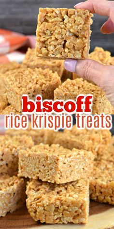 rice krispie treats stacked on top of each other with the words biscoff rice krispies