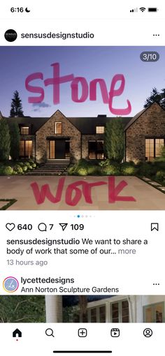 an instagram page with the words stone work on it and two houses in the background