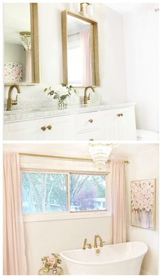 there are two pictures of a bathroom with pink curtains and gold fixtures on the window sill