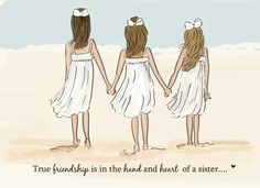 three girls in white dresses holding hands and walking on the beach with their backs to each other