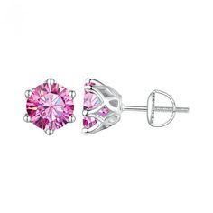 Classic Six-Claw D Color 0.5-2CT Moissanite Screws Back Earrings For Women Gift S925 Sterling Silver Fine Jewelry Pink Round Brilliant Cut Earrings, Pink Brilliant Cut Round Earrings, Pink Prong Set Earrings For Anniversary, Pink Earrings With Prong Setting For Anniversary, Pink Cubic Zirconia Earrings With Prong Setting, Pink Prong Set Round Earrings, Pink Sterling Silver Round Cut Earrings, Pink Round Earrings With Prong Setting, Screw Back Earrings