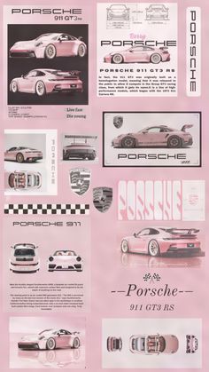 a pink poster with different cars on it's back and front sides, including porsches