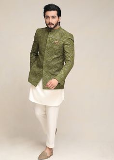 Outfit Type: Ethnic Wear Style: Prince Coats Package Includes: 3 Piece - Top Bottom & Outerwear Fabric: Boski Color Type: Green Work Technique: Embroidered Neck/Collar: Mandarin Description: This is a 3 Piece Stitched Outfit Disclaimer: Actual product color may vary slightly from the image. Mens Mehandi Outfit, Jodhpuri Suits With Kurta For Men, Ethnic For Men, Jodhpuri For Men Wedding, Prince Suit For Men, Formal Outfit For Men, Prince Coat For Men, 3 Piece Suit Men Wedding, Indo Western Outfits For Men