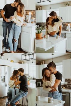 two people are hugging in the kitchen while another person is sitting on a stool and kissing