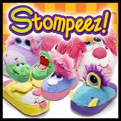 several stuffed animals are shown with the words stompeez on it's back