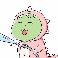 a green and pink cartoon character with a toothbrush