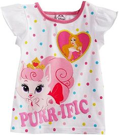 Our eBay Store About Us Contact Us Add to Favorite Sellers                                               ☆☆☆☆Disney Palace Pets☆☆☆☆ Aurora & Bloom Purr-ific T-Shirt Toddler Girls sizes: 2T-4T Toddler girls' t-shirt features Aurora and her pet cat, Bloom from Disney's Palace Pets.  Top has an allover polka dot print and flutter sleeves.  Machine washable.  Imported. Color: White Material: 100% Cotton Pink Disney Tops For Summer, Disney Cartoon Print Summer Tops, Disney Cartoon Print Tops For Summer, Disney Summer Tops With Cartoon Print, Disney Pink Tops With Cartoon Print, Pink Disney Cartoon Print Top, Disney Character Print T-shirt For Spring, Disney Character Print Tops For Playtime, Disney Palace Pets