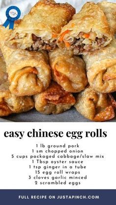 an advertisement for easy chinese egg rolls with instructions on how to make them in the oven