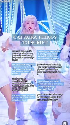 an ad for the cat aura thing to script on a screen with three women in white dresses