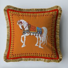 Royal Euro Horse Velvet Throw Pillow Cover with Fringes Orange Horse Throw Pillows, French Sofa, Luxury Throws, Luxury Pillows, Sofa Throw Pillows, Vintage Sofa, Sofa Cushion Covers, Linen Throw Pillow, Velvet Throw