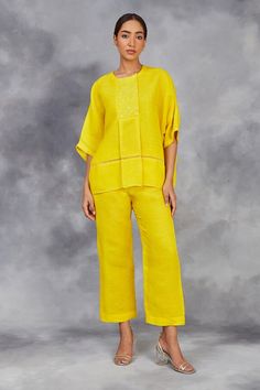 Yellow handwoven linen top with placement silk thread, beads embroidery and box pleat on front yoke. Paired with a straight pant. - Aza Fashions Embroidered Beads, Thread Beads, Beads Embroidery, Pant For Women, Kimono Fabric, Silk Thread, Linen Top, Modern Bride, Pure Linen