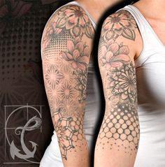 two women with tattoos on their arms and arm sleeves, both showing the same pattern