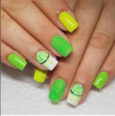 Bartender Nail Designs, Lime Design Nails, Neon Fruit Nails, Lime Fruit Nails, Summer Fruit Nail Art, Lemon And Lime Nails, Fruit Pedicure, Margarita Nails Design, Fruit Slice Nails