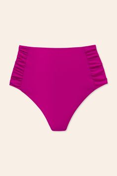 A vibrant magenta high waist bottom with side ruching details. Wear it with the Aspen top to complete the look, or mix and match with the houndstooth Jordan top. Complete the look with our Imani sarong in magenta or houndstooth. Designed and made in LA Fully lined Self: 72% Nylon / 28% Spandex; Lining: 72% Nylon / 28% Spandex Fabric from Brazil UPF 50+ Style# K4515B Model Specs: Height 5'5" | Bust 32B | Waist 24.5" | Hips 35"Height 5'5" | Bust 32B | Waist 24.5" | Hips 35"Model is wearing a size Pink Ruched Summer Bottoms, Chic Pink Ruched Bottoms, Chic Ruched Pink Bottoms, Pink Ruched Beach Bottoms, Pink Ruched Bottoms For Beach, Fitted Ruched Pink Bottoms, Trendy Pink Ruched Bottoms, Purple High Waist Bottoms For Poolside, Chic Pink Bottoms For Poolside