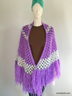 Lovely lavender v-shaped shawl with multi-pastel colored design around the neck and waist.  Fringed bottom giving it a chic boho look.  Can be worn in multiple ways. Crochet Lavender, Prayer Shawl, Lovely Lavender, Boho Look, V Shape, Handmade Crochet, Crochet Top, Boho Chic, Shawl