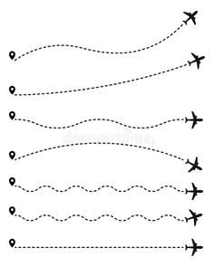 four airplanes flying in the sky with dotted lines and dots on each side royalty illustration