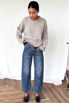 The Barrel Jean - Dark Nova - Emerson Fry Jean Pants Style, Barrel Leg Jeans Street Style, Wide Leg Jeans And Sweater, How To Wear Barrel Jeans, Style Barrel Jeans, Soft Minimalism Fashion, Kayla Barnes, Barrel Jeans Street Style, Swedish Style Fashion