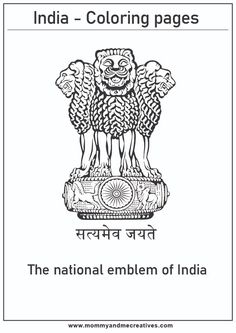 the national emblem of india in black and white, with text that reads india coloring pages