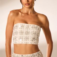 Brand New Oh Polly Hand Embellished Bandeau Corset Crop Top In Ivory Chic Summer Tube Top With Sequins, Chic Sequined Summer Tube Top, Chic Summer Sequin Tube Top, Glamorous White Sequined Crop Top, White Glamorous Tube Top For Night Out, Glamorous White Tube Top For Night Out, Embellished Fitted Strapless Tube Top, Fitted Embellished Strapless Tube Top, Glamorous White Crop Top For Evening