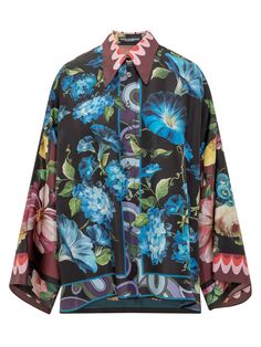 100% Silk Designer Multicolor Floral Print Shirt, Elegant Multicolor Floral Print Shirt, Luxury Silk Shirt With Floral Print, Designer Silk Shirt With Floral Print, Silk Shirt With Floral Print And Spread Collar, Luxury Multicolor Spring Shirt, Silk Top With Floral Print And Spread Collar, Multicolor Elegant Shirt With Spread Collar, Elegant Multicolor Shirt With Spread Collar