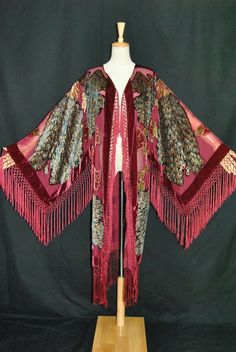 Burgundy Red Mucha Peacock Vintage Style Velvet Artdeco Bohemian Deluxe Duster - Etsy Velvet Fringe Kimono, Velvet Fringe, Purple Peacock, Sheer Jacket, Velvet Kimono, Fringe Kimono, Burnout Velvet, Velvet Coat, Fringe Jacket