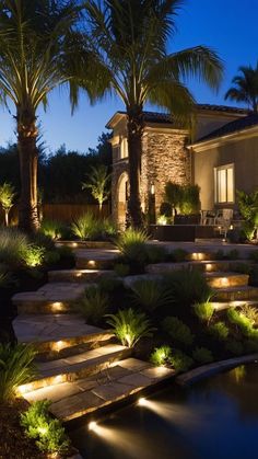 a house with palm trees and lights on the front lawn at night, along with steps leading up to it