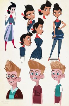 an image of some cartoon characters with different facial expressions and hair styles, all wearing glasses