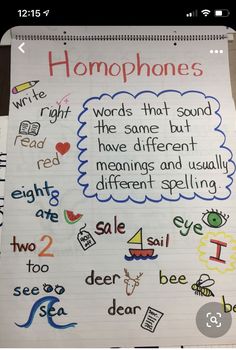 a piece of paper with writing on it that says homophones and two different spelling words