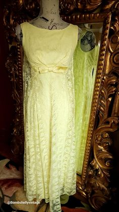 This sunny beauty of a gown is from the 60's. Excellent condition. The under dress is made of a yellow rayon crepe with center back metal zipper. Classic sheath shape. The outer layer is made of a soft floral yellow lace. Nipped in the front with a satin belt with bow detail. The back hangs free from the shoulders. You literally look like you are floating across the room in the gown.  Best fit would be a Small, however, please see the measurements below for a proper fit.  All sales are final. Me Yellow Vintage Dress For Vintage Events, Yellow Retro Dress For Formal Occasions, Yellow Retro Formal Dress, Retro Yellow Wedding Dress, Elegant Yellow Vintage Dress, Vintage Yellow Formal Dress, Yellow Retro Evening Dress, Elegant Yellow Vintage Dress For Spring, 60s Prom Dress