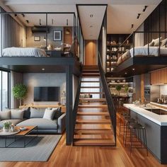 a living room filled with furniture next to a kitchen and loft style bed on top of a wooden floor