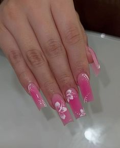 Summer Nails Ideas Square, Habisquis Nails, Ombre Hibiscus Flower Nails, Square Gel X Nails Medium, Hibiscus Flower On Nails, Tropical Nails Pink, Long Square Summer Nails, Coffin Shape Summer Nails, Summer Nails Medium Length