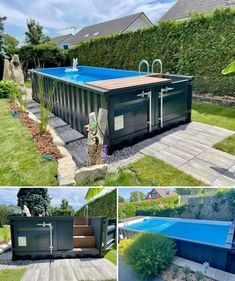 an above ground swimming pool in the backyard