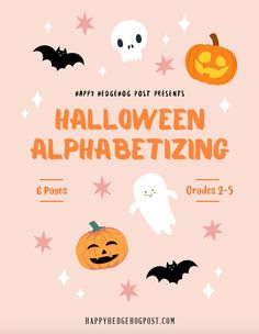 halloween themed poster with pumpkins, bats and ghost faces on pink background for children's book cover