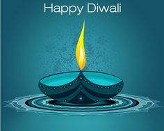 happy diwali greeting card with blue water and lit candle on the surface in front of it