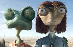 two cartoon characters are standing next to each other in front of a desert landscape and blue sky