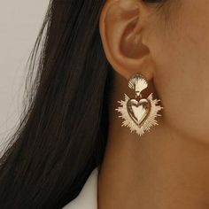 Gold Heart Shaped Dangle Earrings Perfect For Valentine’s Day! Mexican Jewelry, Sacred Heart, Gold Heart, Heart Of Gold, Jewelry Art, Gold Earrings, Heart Shapes, Dangle Earrings, Valentines Day