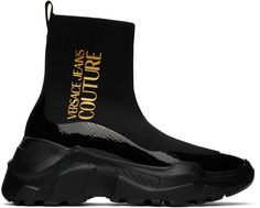 High-top knit slip-on sneakers in black. Round toe. Logo bonded in gold-tone at outer side. Rib knit collar. Tonal grosgrain pull-loop at heel. Coated trim at welt. Treaded rubber platform sole in black featuring logo embossed at heel. Approx. 2.75 platform. Supplier color: Black Versace Boots, Versace Sandals, Square Toe Ankle Boots, Side Zip Boots, Sock Sneakers, Jeans Collection, Jeans Logo, High Sneakers, Versace Jeans Couture