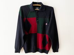 "Vintage 90s Merino wool blend men's pullover, collared color block sweater, cozy winter jumper, knitted skiing pullover, gift idea for him, size medium  Label size: M Measurements (lying flat): Shoulders: 25\" Width, pit to pit: 26\" Length: 29\" Sleeve: 23.5\"  Please check measurements to insure a proper fit. Remember to allow yourself some extra room for movement. You can compare these with something from your closet that fits you well. Please convo me if you need additional measurements. This sweater will come to you freshly laundered and ready to wear. Condition: Good Vintage Condition (there was a small damage over right sleeve back but it has been nicely fixed. See the last picture for it)  SHIPPING * I ship worldwide via Priority mail. * I ship from Europe, so please allow 2 to 4 Retro Collared Winter Sweater, Retro Collared Sweater For Winter, Retro Winter Polo Sweater With Ribbed Collar, Retro Polo Sweater With Ribbed Collar For Winter, Vintage Collared Sweater For Winter, Winter Jumpers, Pullover Sweater Men, Men's Pullover, Extra Room