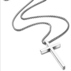 Simple And Sturdy Silver Cross Necklace Box Chain With Lobster Clasp High Quality Stainless Steel That Is Tarnish Resistant. No Fading And Hypoallergenic. Cross Pendant Is Approximately 1.8" - 1.0" Choose Chain Length Makes A Great Gift! Silver Cross Necklace For Men, Silver Cross Necklace Mens, Elegant Stainless Steel Cross Necklace As Gift, Elegant Cross Necklace With Box Chain For Gift, Mens Cross Necklace, Silver Cross Necklace, Mens Crosses, Cross Chain, Necklace Box