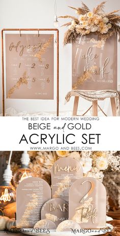 the wedding set is ready to be put on display in this beautiful gold and white color scheme