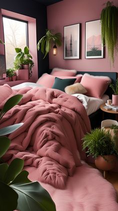 a bedroom with pink walls and green plants