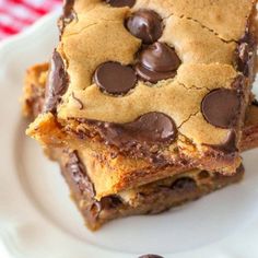 chocolate chip cookie bars stacked on top of each other