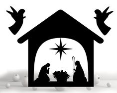 a nativity scene with the birth of jesus and baby jesus in black on a white background