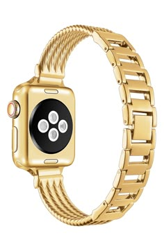 an apple watch with gold bracelet