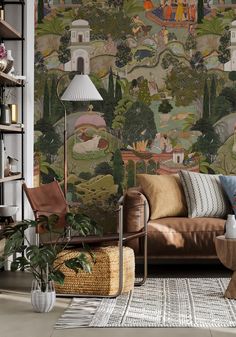 a living room filled with furniture and a large mural on the wall