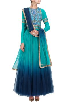 This anarkali suit  features in a turquoise to midnight blue ombre tulle anarkali with digitally printed hand embroidered bodice and panel on lycra net sheer sl Salwar Kamiz, Red Lehenga, Dress Modest, Desi Clothes, Desi Style, Anarkali Suit, Manish, Indian Dress, Indian Weddings